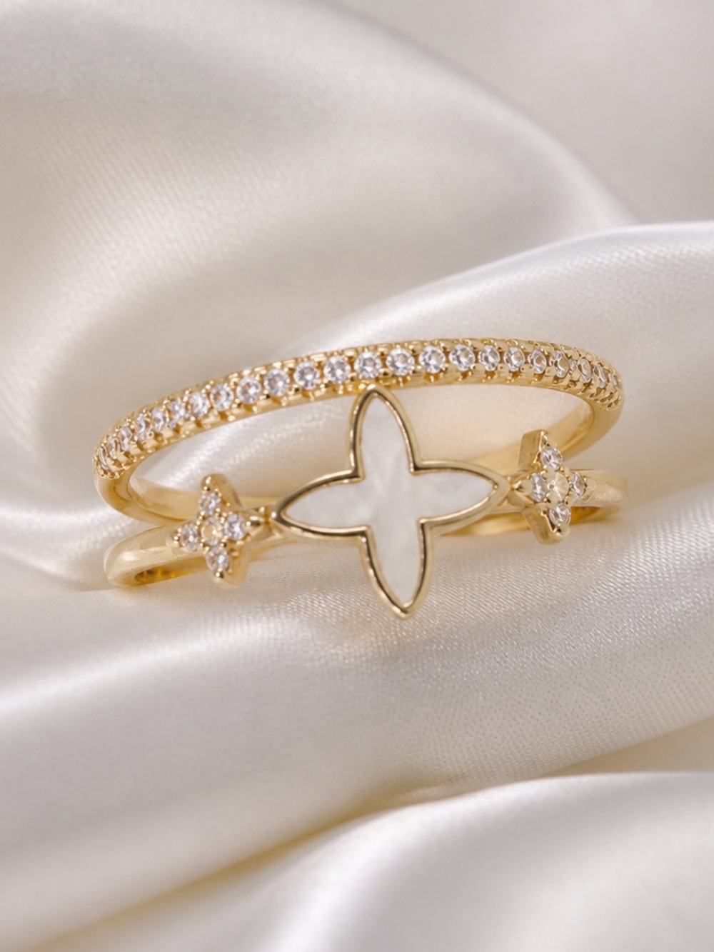 Gold Plated Butterfly Motif Ring with White Inlay and CZ Accents